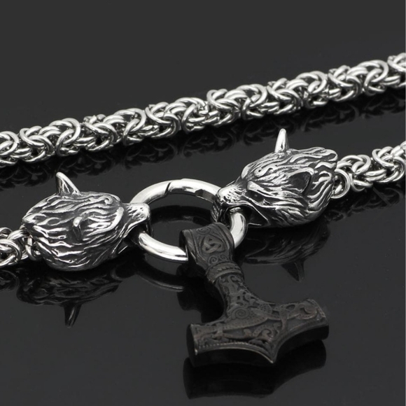 New! MEN'S Nordic Wolf Viking Hammer Pendant Necklace. - Picture 3 of 5